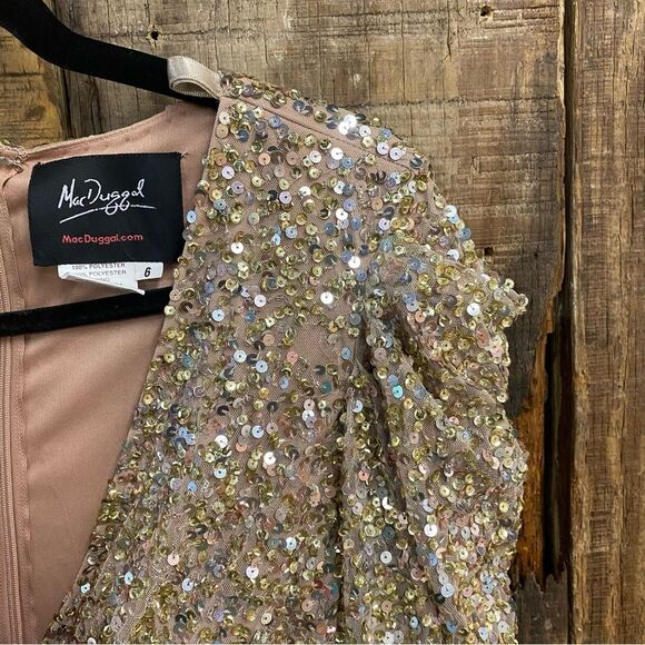 Mac Duggal 5510 Gold Puff Shoulder SequinSurplice Gown Long Sleeve Dress as is 6 - Picture 11 of 12